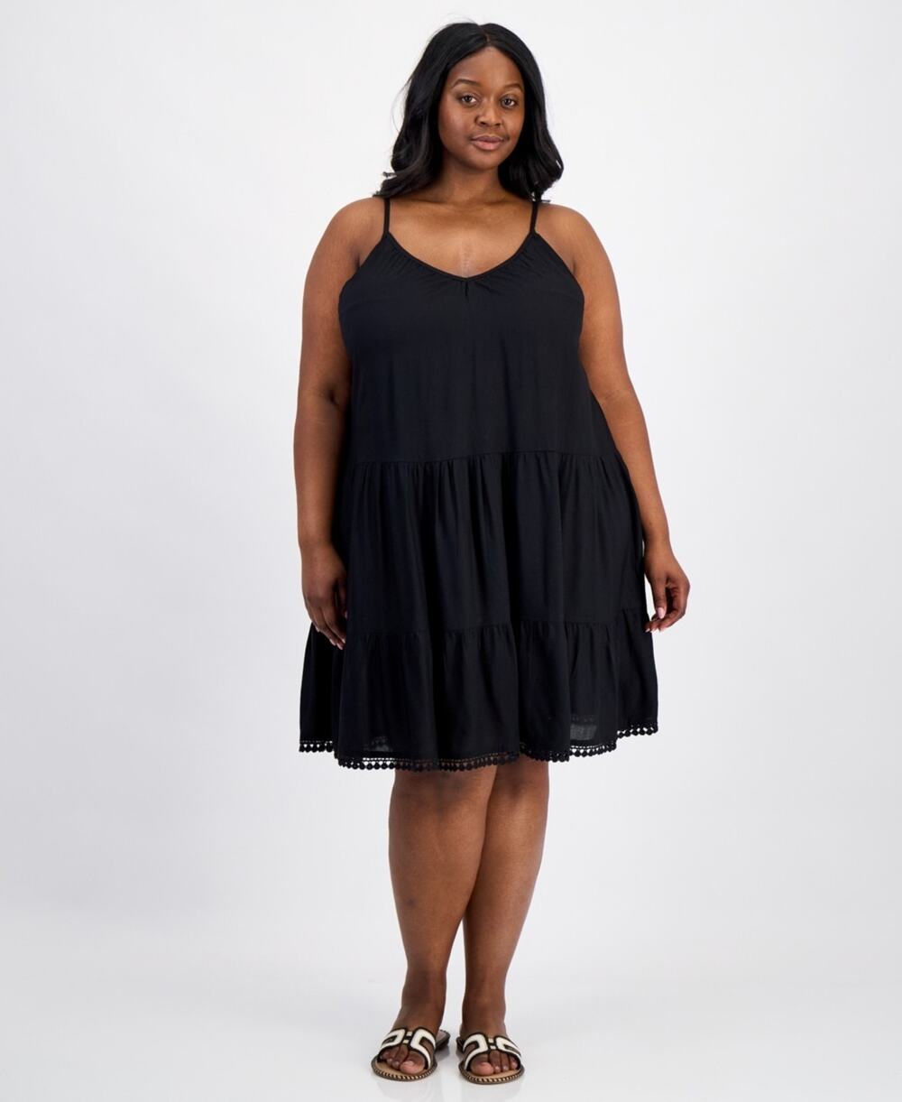 Raviya Plus Size Tiered Short Cover-Up Dress Black Size 0X 1422